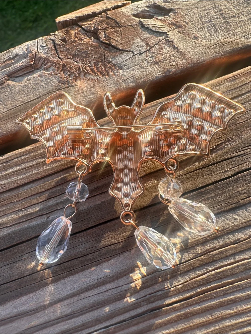 Gothic Bat Crystal Brooch Pin in Iridescent Red
